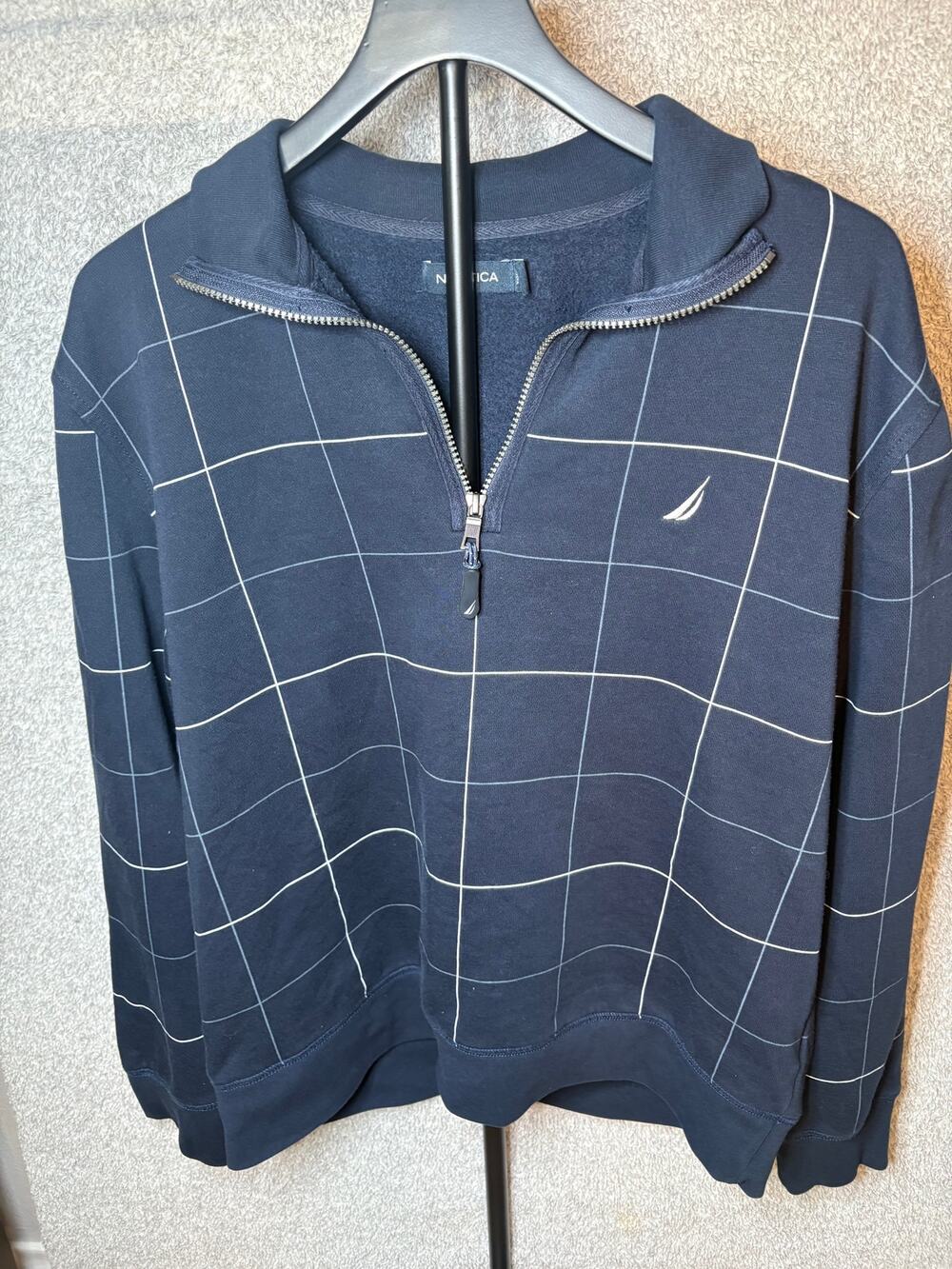 Nautica Men's L Navy Windowpane 1/4 Zip Fleece Pullover